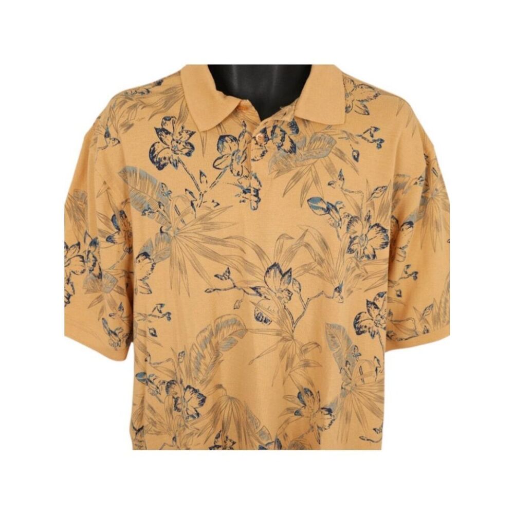 Hawaiian Polo Shirt Mens Size Large Orange Floral All Over Print Sedgefield